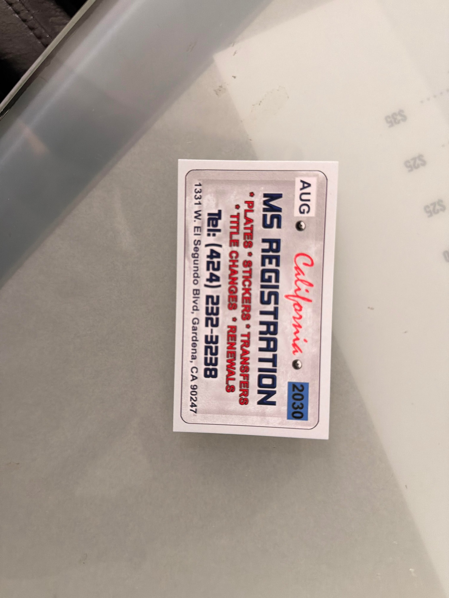 MS Registration business card — plates, stickers, transfers, title changes, renewals